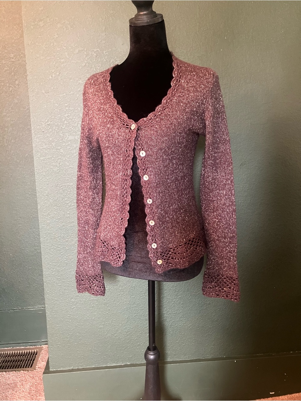 Women's brown Button-Front Crochet Trim Sweater Cardigan lambswool